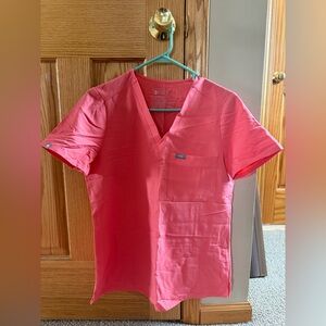 Figs Women's Pink V-Neck Short Sleeve Tee With Small Joggers.